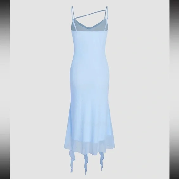 Cider MESH RUFFLE HEM RUCHED MIDI DRESS in Blue Size L (US 8) 💙💎🦋 - Picture 2 of 6